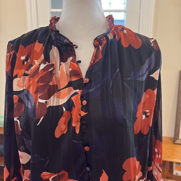 Haver London black/orange floral design pullover Blouse.  Size L - Picture 2 of 10